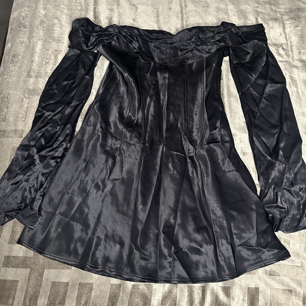 Meshki Black Satin Off-Shoulder Mini Dress